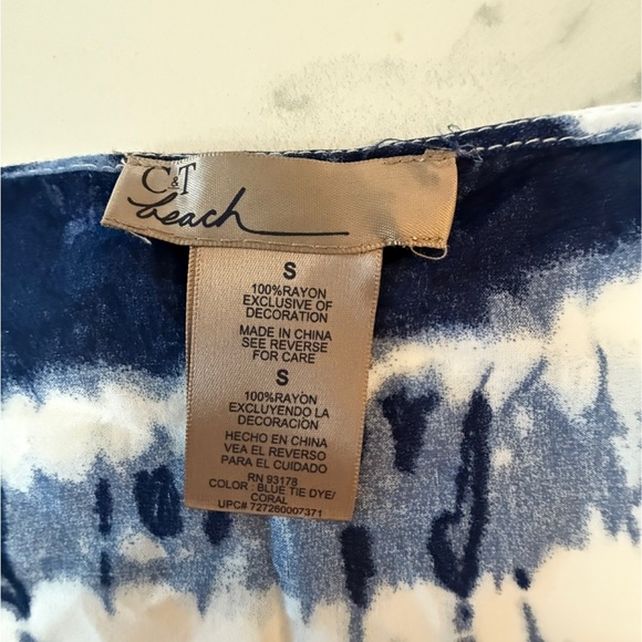 Navy and Cream Tie-Dye Swim Cover-Up with Coral Tassels - Picture 3 of 5